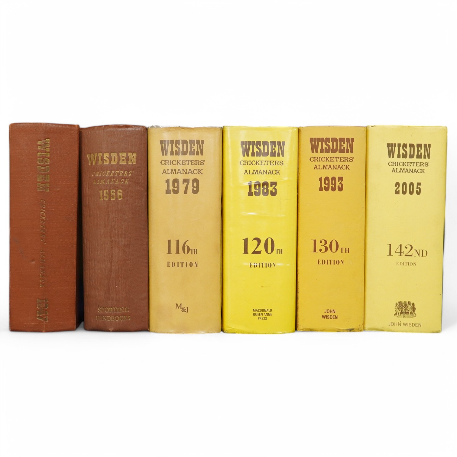 Six Wisden Cricketers almanacs, dates; 1947, 1956, 1979, 1983, 1993 and 2005. Condition - worn to be expected for use and age